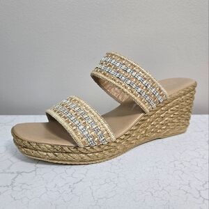 🌿 Mariella Tan Woven Gem Wedge Sandals W/ Faux Jute Heel, Size 9 ~ NWT